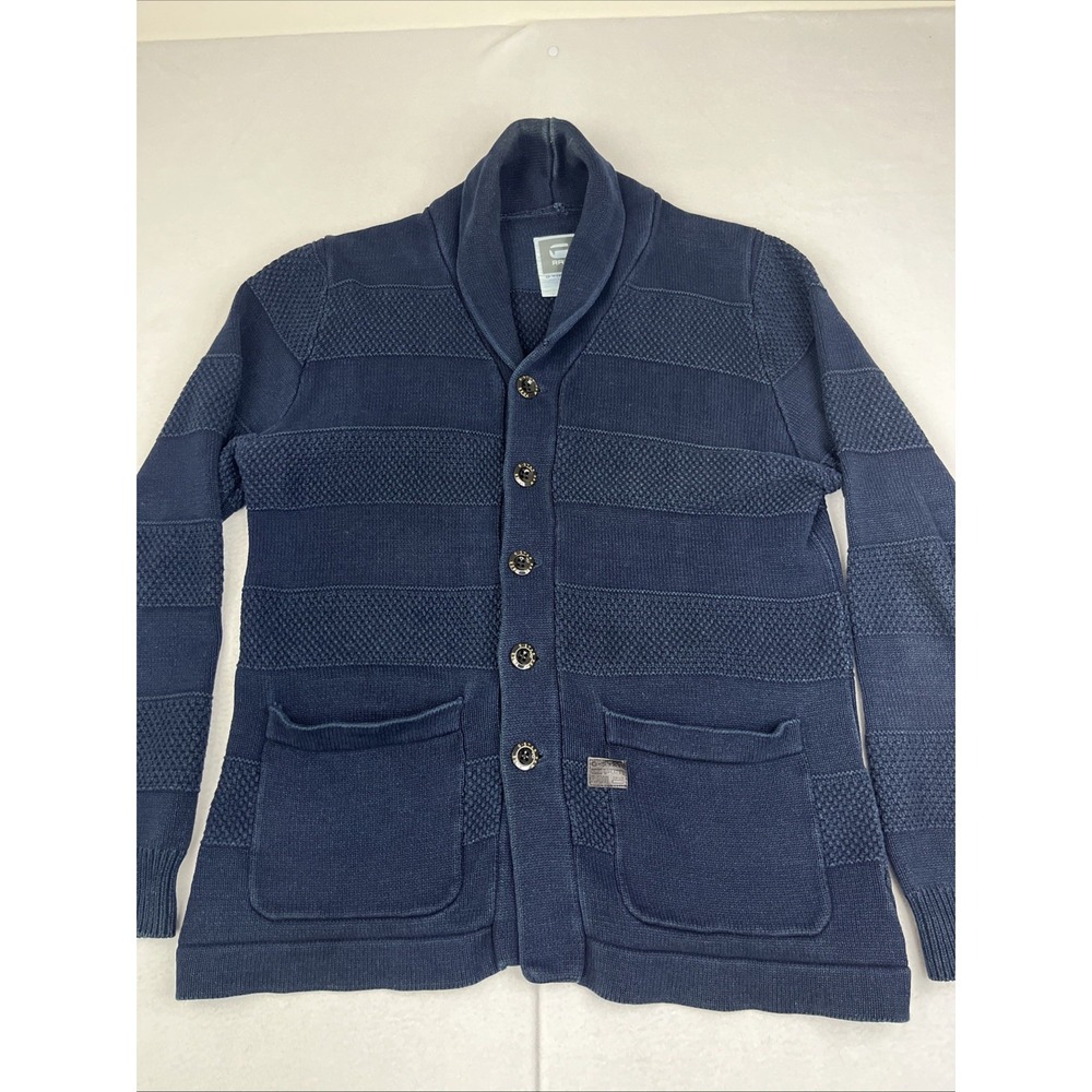 G-Star Renej Shawl Cardigan Knit Pullover Mens XL Blue Button Collar Sweater